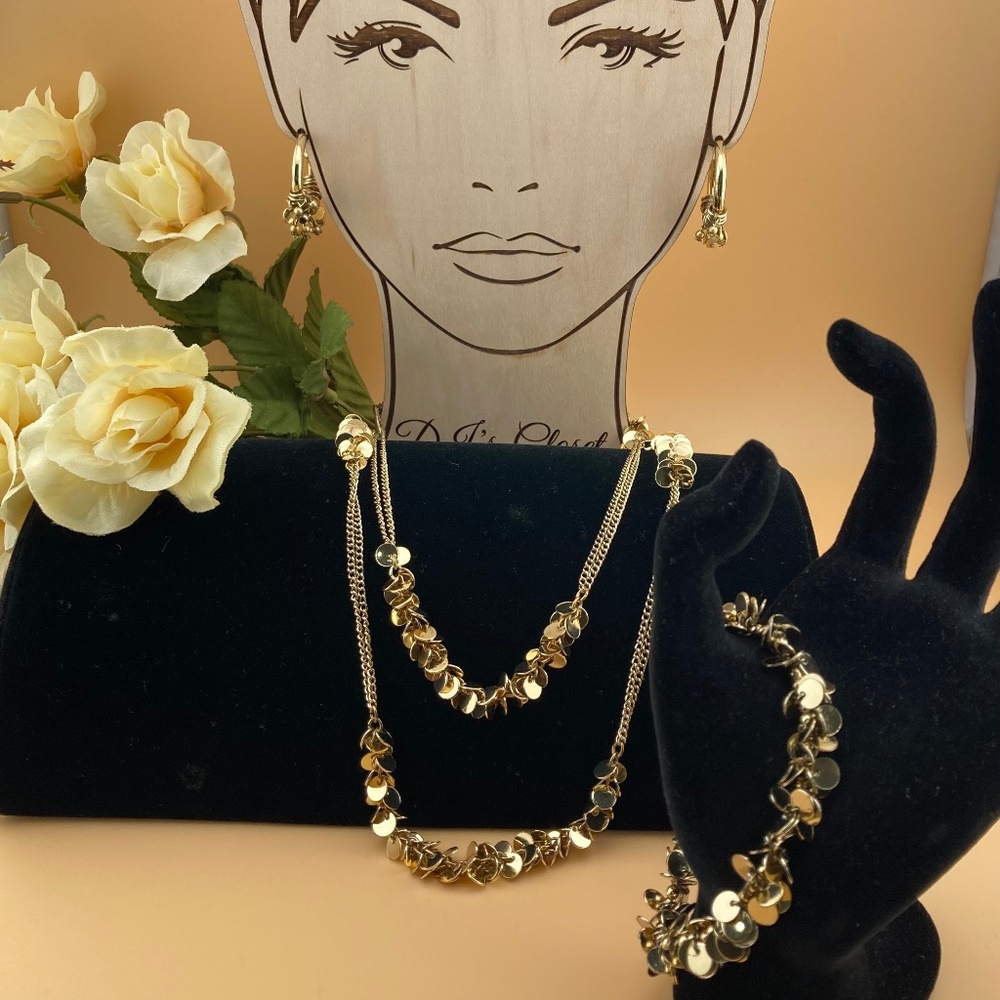 Signed CHICO’S 3 Piece Gold Mini Disc Bling Set - Necklace Earrings and Bracelet